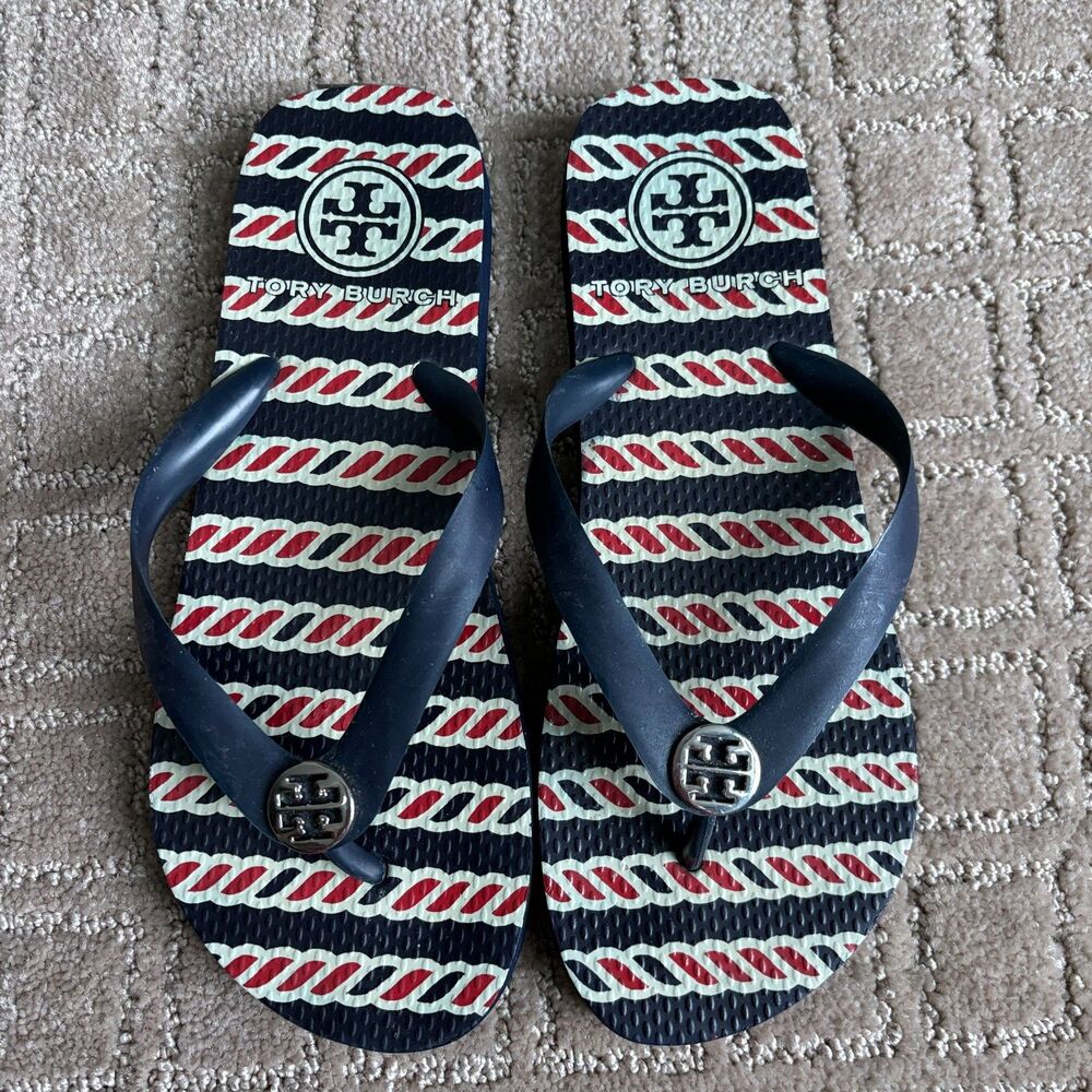 Tory Burch Classic Flip Flop Women's 6 Red White Blue Casual Travel Vacation